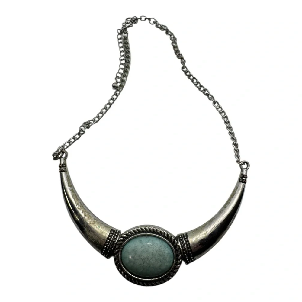 Vintage Silver-Tone Crescent Collar Necklace w/ Blue Crackle Cabochon - Picture 5 of 7